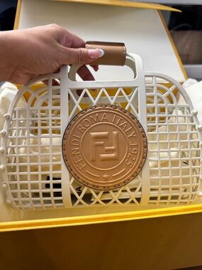 Fendi White and Tan Lattice Tote with Circular Logo Medallion